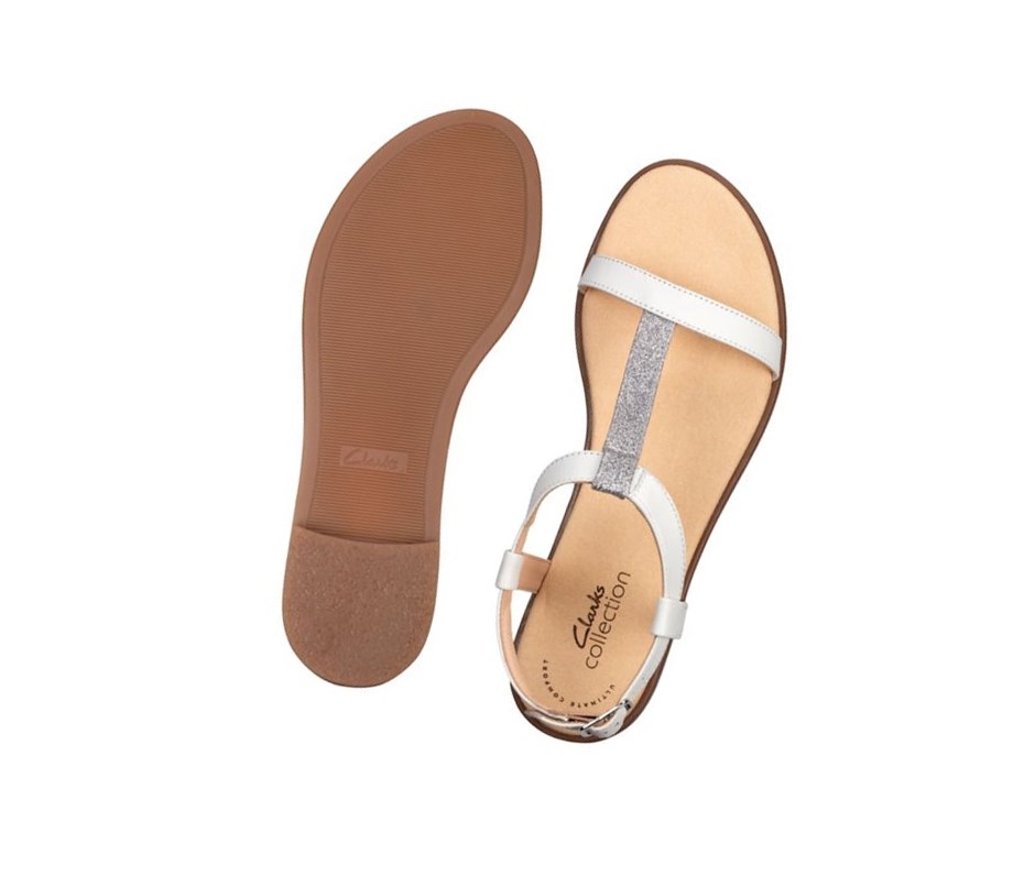 Sandały Płaskie Clarks Bay Rosa T-bar Tekstylne Damskie Białe | KHWUTC645