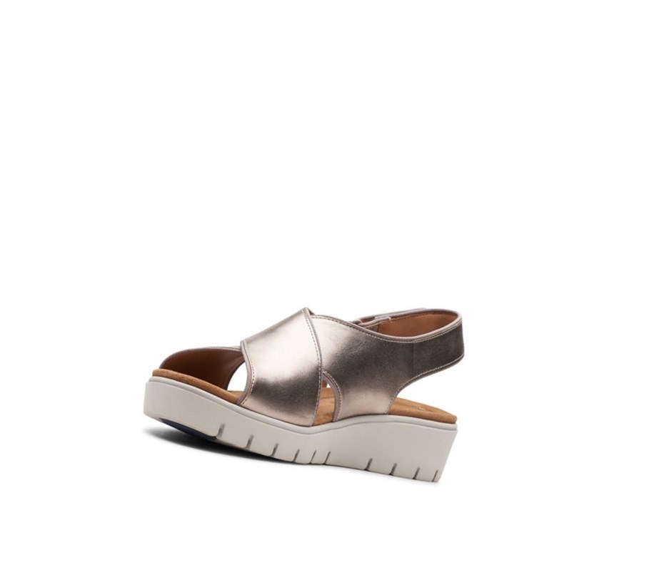 Sandały na Koturnie Clarks Un Karely Sun Skórzane Damskie Złote Metal | KUEPTF214