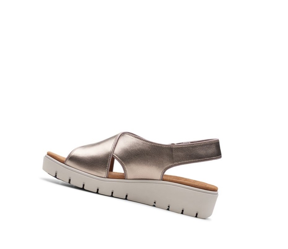 Sandały na Koturnie Clarks Un Karely Sun Skórzane Damskie Złote Metal | KUEPTF214